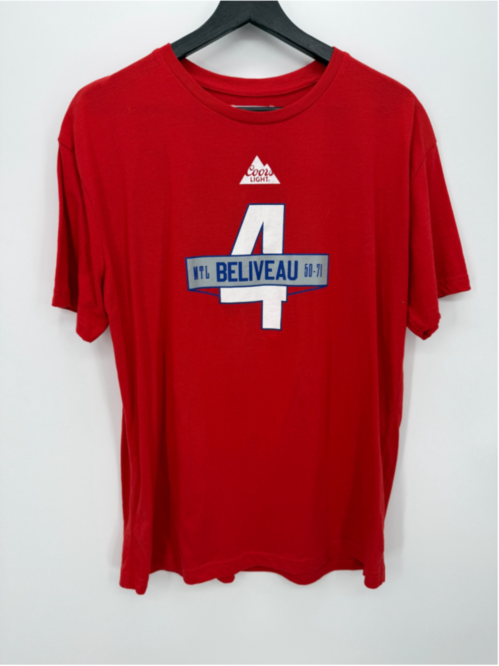 Coors Light Red Graphic Short Sleeve MTL BELIVEAU #4 Tee Shirt Men Size L